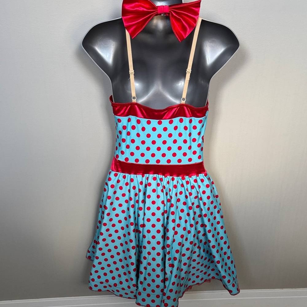 Weissman Turquoise Polka Dot One-Shoulder Party Dress with Red Accents - Picture 5 of 9